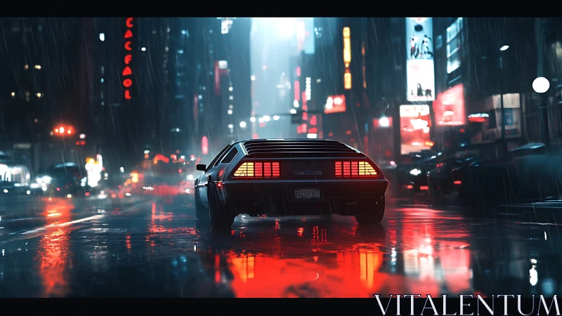 Retro-futurist coupe under neon rainfall in reflective avenue.