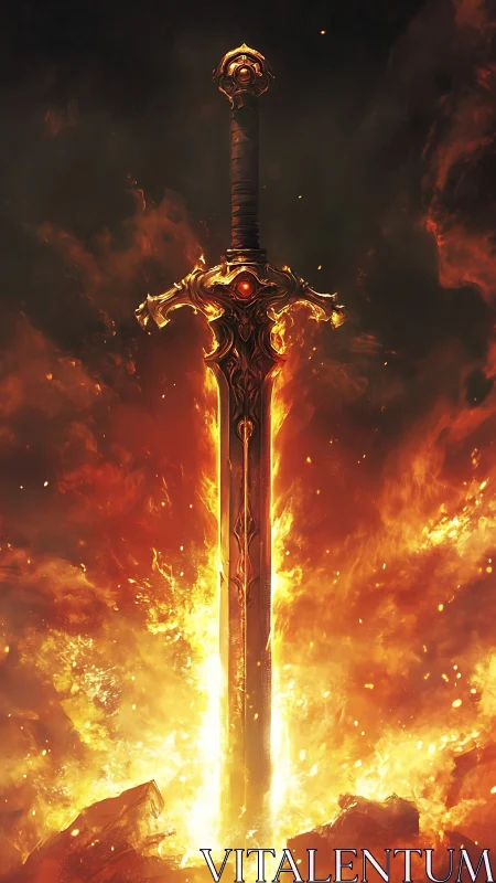 Ornate Sword with Incandescent Blade Engulfed in Photorealistic Fire Simulation