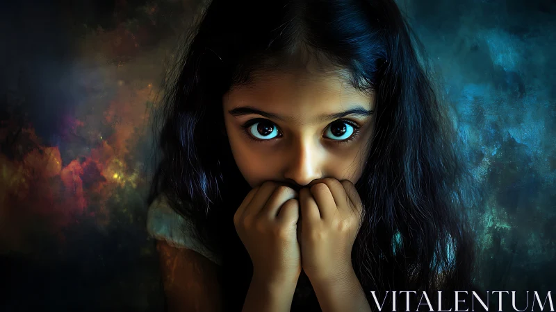 Girl with wide frightened eyes stares into dark cosmic void