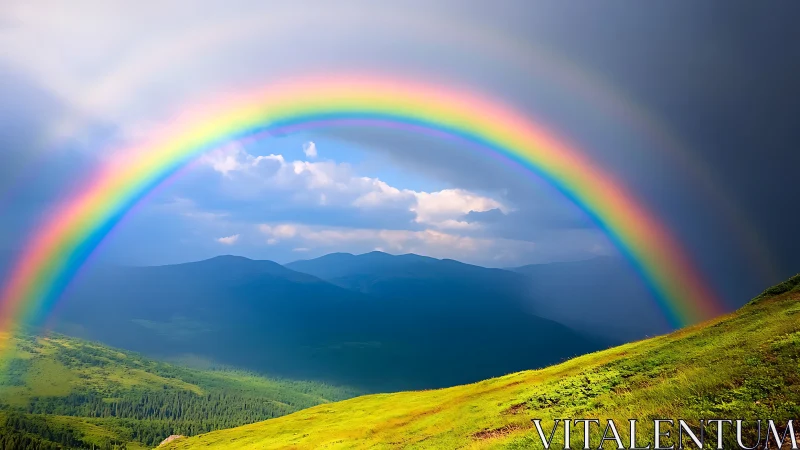 Double primary rainbow arcs over sunlit alpine slope and ridgeline
