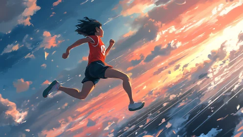 Runner girl soars across luminous sunset sky trail.