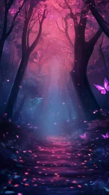 Glowing forest pathway with pink luminescent particles and purple butterflies