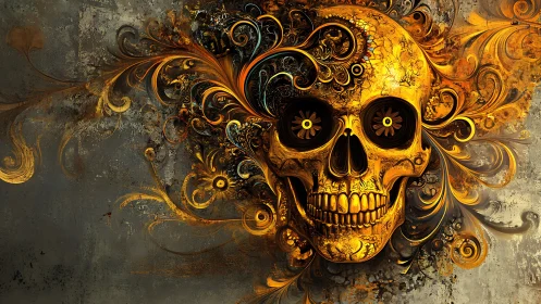 Gilded skull blooms into swirling baroque fire and filigree