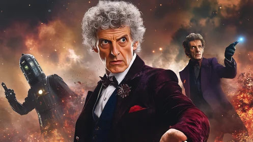 Time-travel hero and android in explosive cosmic battle.