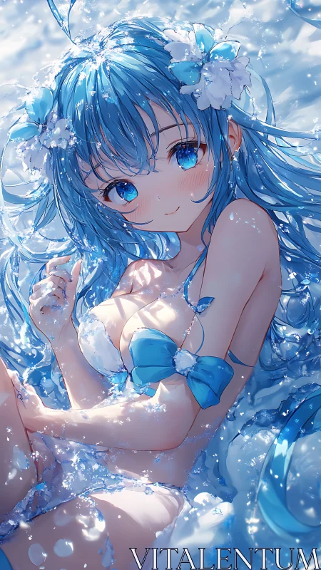 Blue haired anime girl in water with floral hair accents.