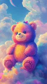 Rainbow plush bear resting in dreamy pastel clouds.