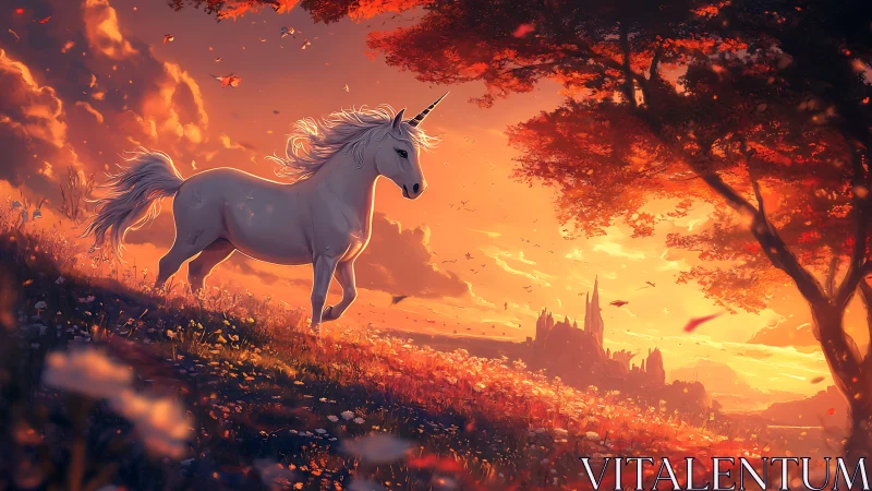 White unicorn in glowing sunset meadow with distant castle.