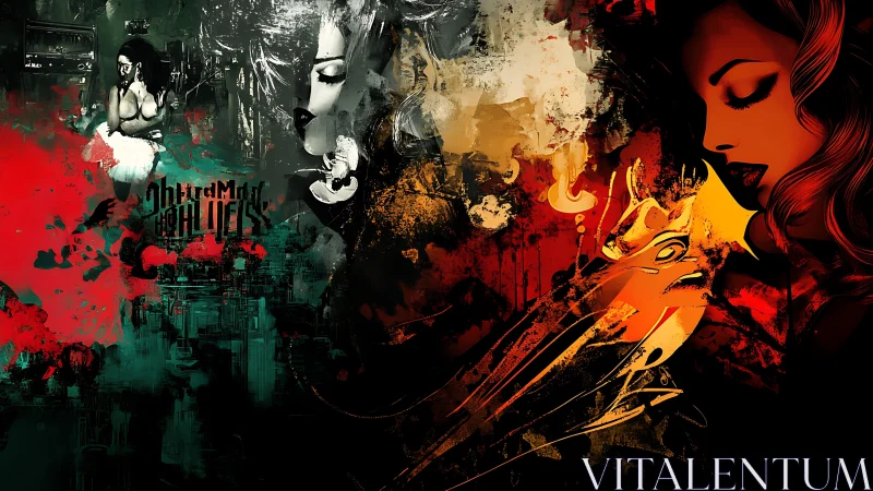 Layered noir female portraits merge with chaotic abstract splatter