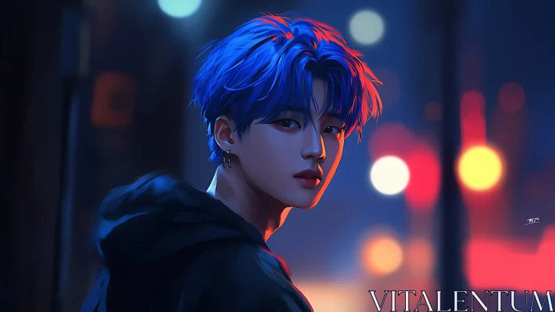 Blue haired figure in hooded jacket against urban night lights.