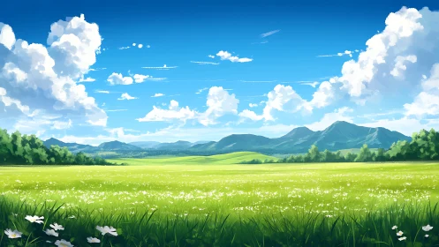 Sunlit green meadow under cumulus clouds and blue sky.