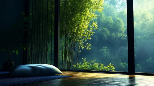 Calm zen corner bathed in soft forest morning light.