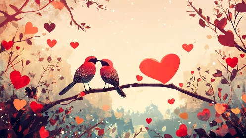 Two birds perched on branch with decorative heart motifs and forest background