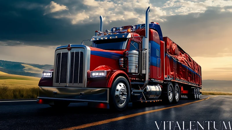 Bold red highway truck rolling into a glowing sunset sky.