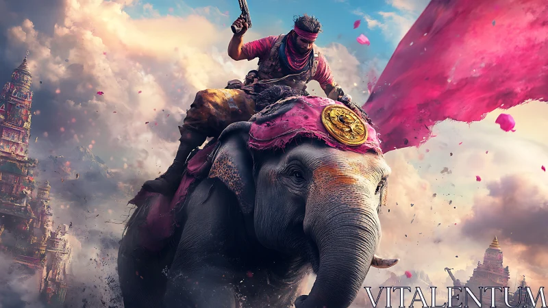 Bold rider on a royal elephant in a whirlwind of color.