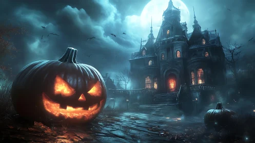 Large carved pumpkin stands before illuminated gothic mansion