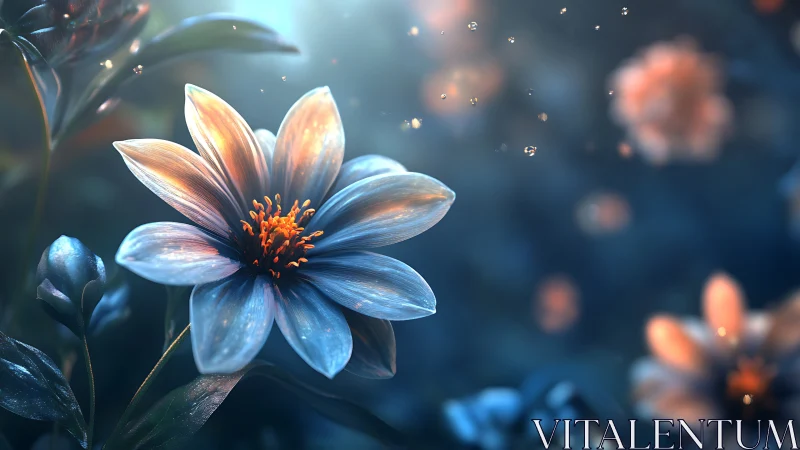 Blue flower with golden stamen glows ethereally in dreamy light.