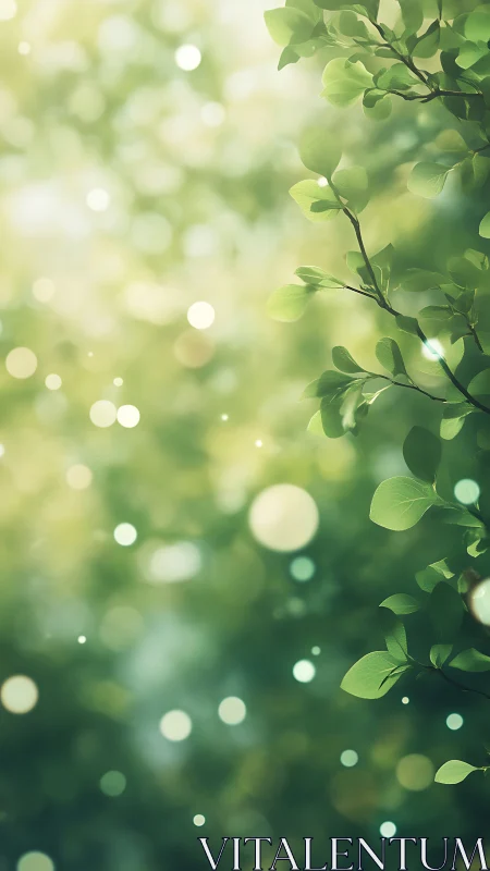 Sunlit foliage branch with green bokeh depth of field glow