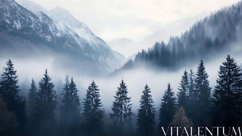 Misty Mountain Valley: Alpine Forest Landscape in Fog.