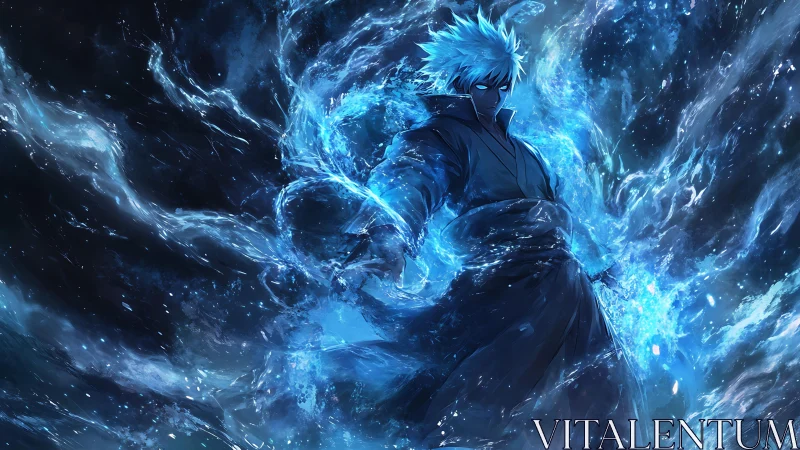 Ice-haired anime mage commanding swirling blue energy.