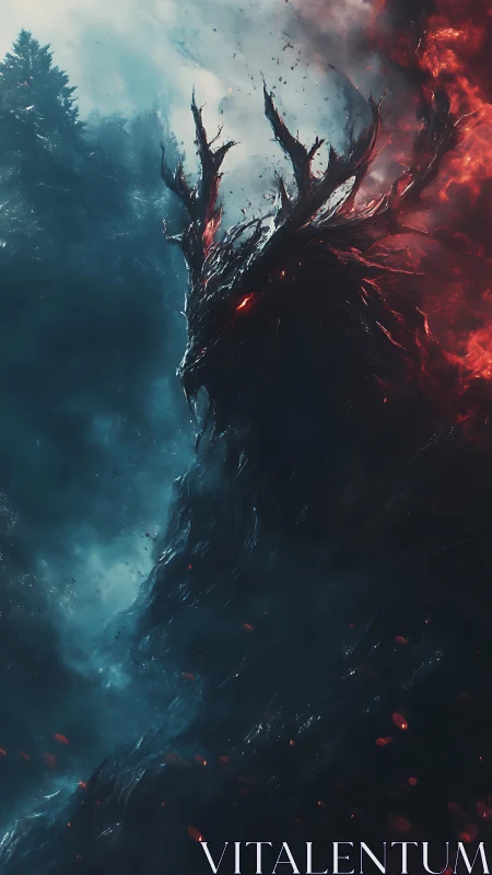 Stormlit forest guardian rises in swirling fire and shadow