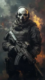 Ghost-masked warrior standing calm amid swirling firestorm.