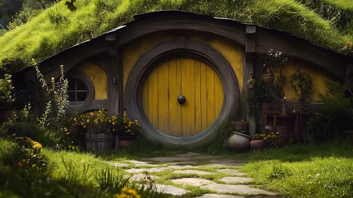 Grass-covered hillside dwelling with round yellow wooden door.