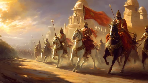 Armored cavalry charge through sunlit imperial sandstone city