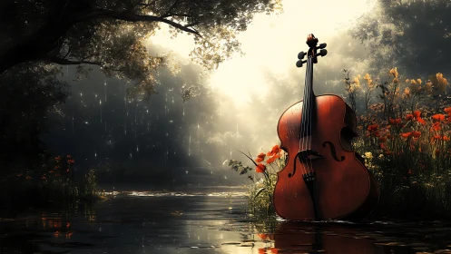 Cello by the forest pond where quiet rain hums softly.