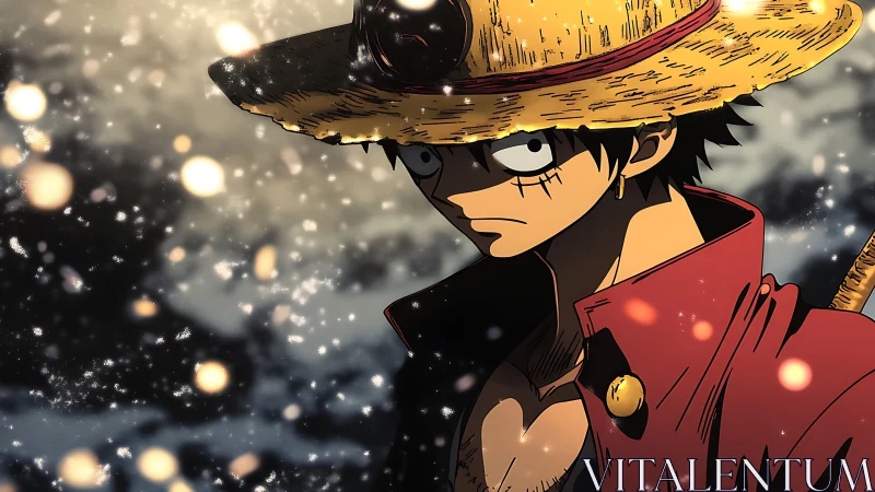 Straw hat pirate captain in snowfall with dramatic rim lighting