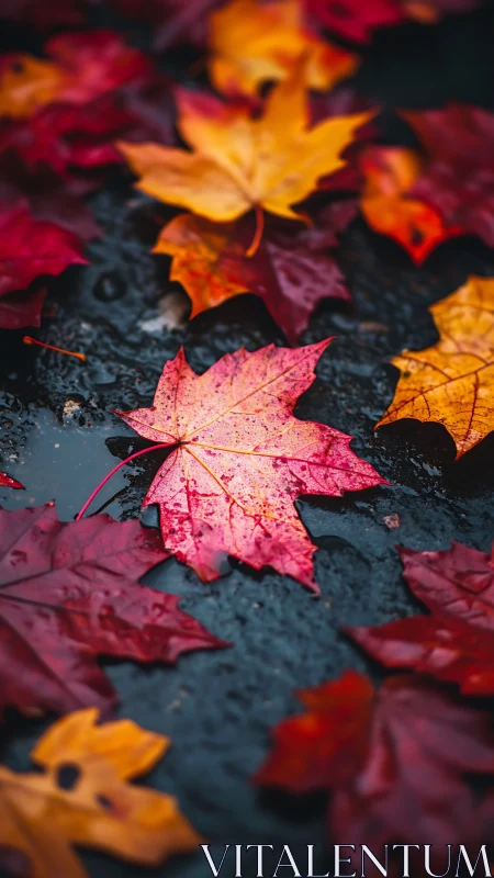 Wet maple leaves on dark pavement after rainfall period.