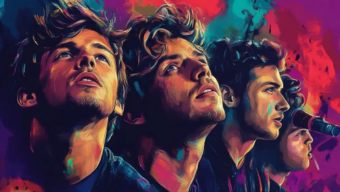 Neon-lit quartet gazes skyward in electric portrait haze.