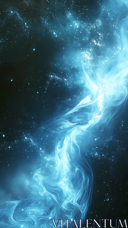 Luminescent cyan nebular stream curving through deep starfield