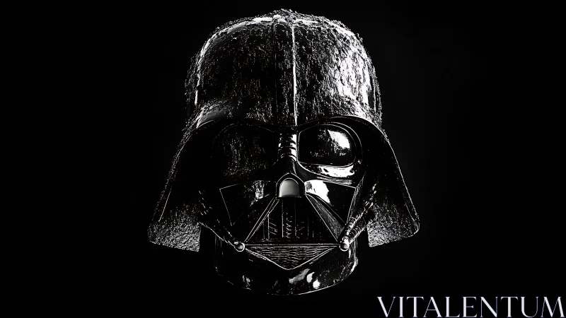 Black sci fi helmet glistens under stark studio lighting