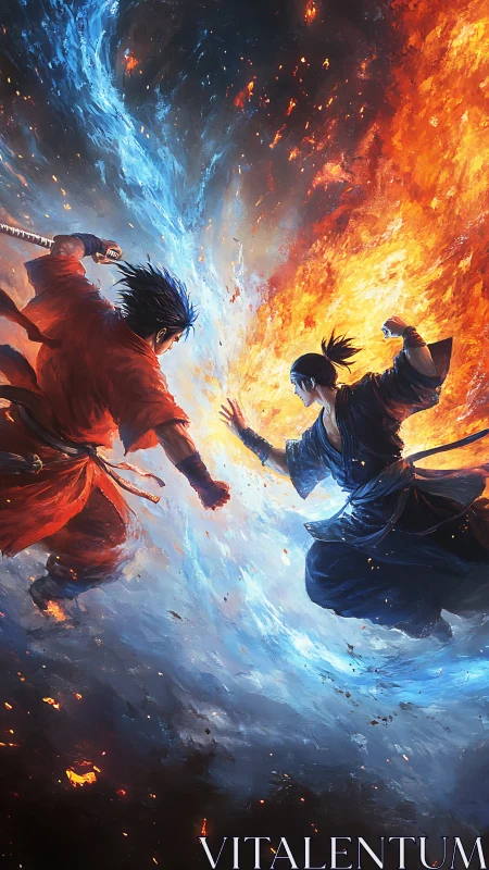 Opposed martial figures amid symmetric fire and ice vortex.