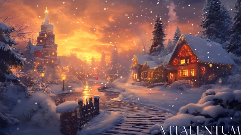 Snow-covered village street with lit houses at sunset.