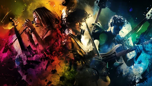 Digital composite of band musicians in vivid color fields.