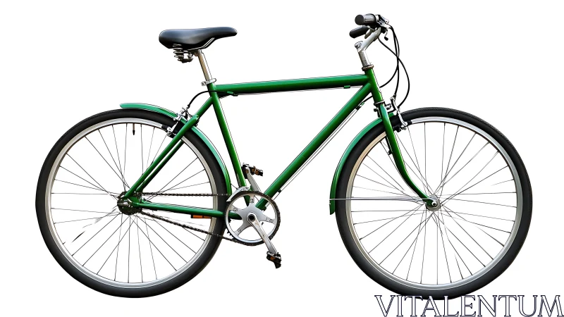 Green hybrid bicycle with black tires on white background.