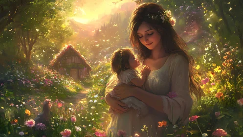 Sunlit mother and child embraced in enchanted garden.
