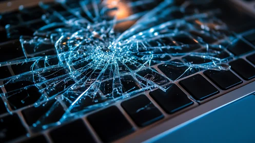 Shattered glass fragments scattered across laptop keyboard.