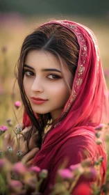 Portrait of woman in crimson veil amid soft floral bokeh.
