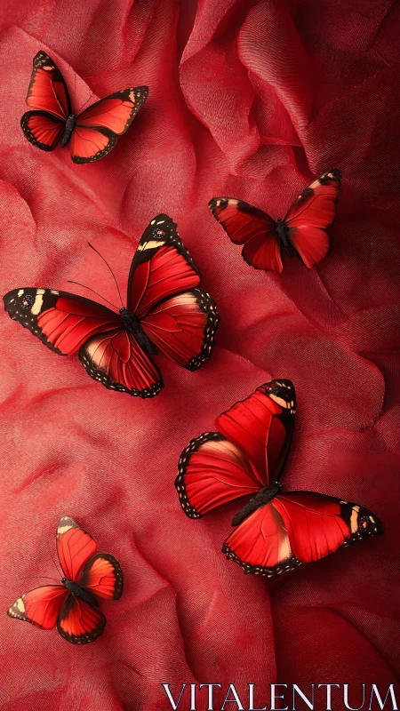 Photorealistic scarlet butterflies on draped red textile.