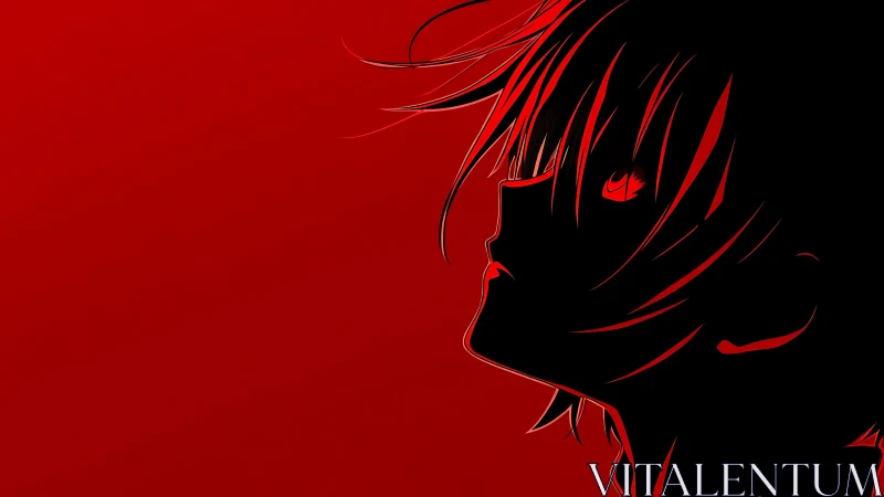 Red-lit anime silhouette gazes upward in stark profile.