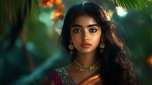 Digital portrait depicts woman in traditional attire outdoors