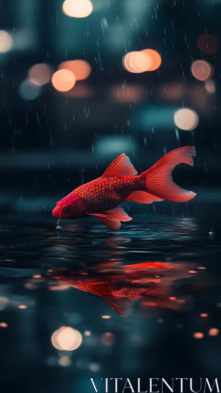 Koi fish hovers above wet surface with bokeh rain illumination