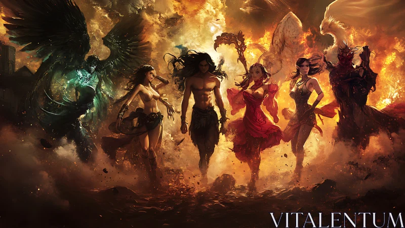 Elemental heroes stride through fire and shadow together.