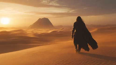 Lone cloaked wanderer crossing windswept sunset dunes.