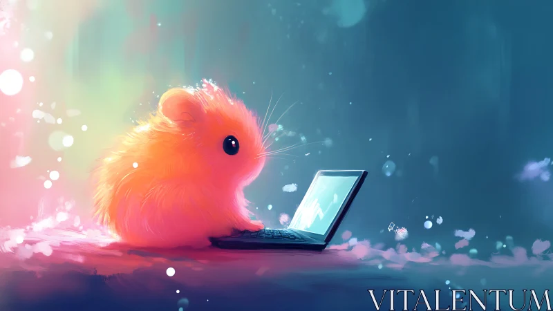 Orange fluffy rodent sits at open laptop in glowing light