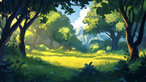 Sunlit Forest Gateway Beckons Through Ancient Towering Trees