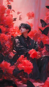 Midnight figure amid scarlet blossoms and dark butterflies.