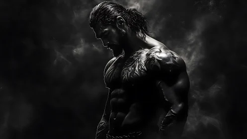 Muscular male figure stands in profile amid low key smoke